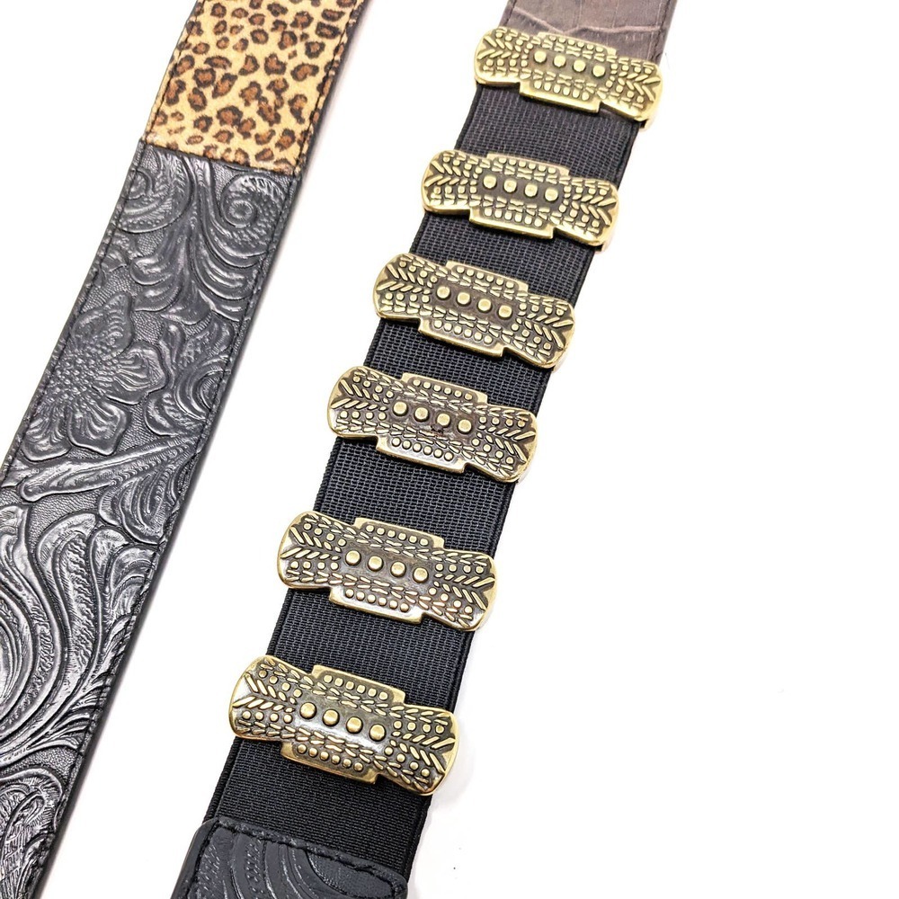 Chicos Belt Womens Medium Brown Black Leather Leopard Brass Gold Boho Western - Picture 8 of 12